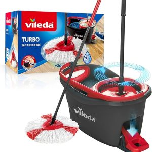 Vileda Turbo Microfibre Spin Mop and Bucket Set with Extra 2-in-1 Head Replacement for Cleaning Floors, Set of 1x Mop, 1x Bucket and 1x Refill, Red, 29.6 x 48.6 x 29.3 cm