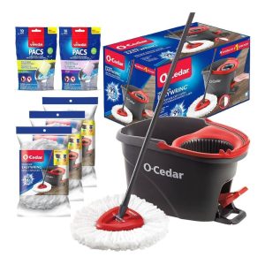 O-Cedar EasyWring Microfiber Spin Mop & Bucket Floor Cleaning System + 2 Extra Refills, Red/Gray