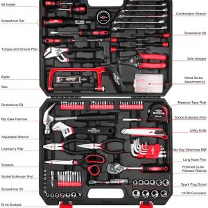 198-Piece Household Tool Set,EXCITED WORK General Home/Auto Repair Hand Tool Kit with Hammer, Pliers, Wrenches, Sockets and Toolbox Storage Case