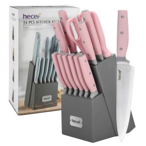 Hecef Kitchen Knife Block Set, 14Pcs High Carbon Stainless Steel Cooking Knife Set with Sharpener, Scissors, Steak Knives