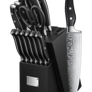 Knife Set, 14PCS German Stainless Steel Kitchen Knives Block Set with Built-in Sharpener, Black