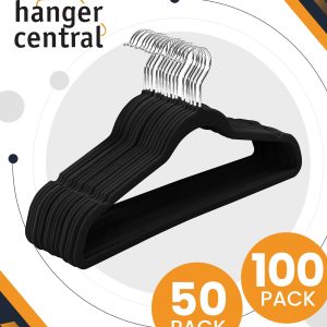 Hanger Central Velvet Heavy Weight Clothing Hanger, 50 Pack, Black