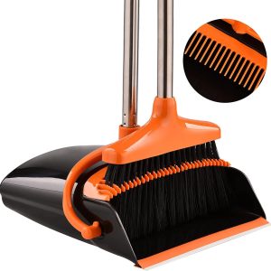 Upgrade Broom and Dustpan Set, Self-Cleaning with Dustpan Teeth, Ideal for Dog Cat Pets Home Use, Super Long Handle Upright Stand Up Broom and Dustpan Set (Black&Orange)